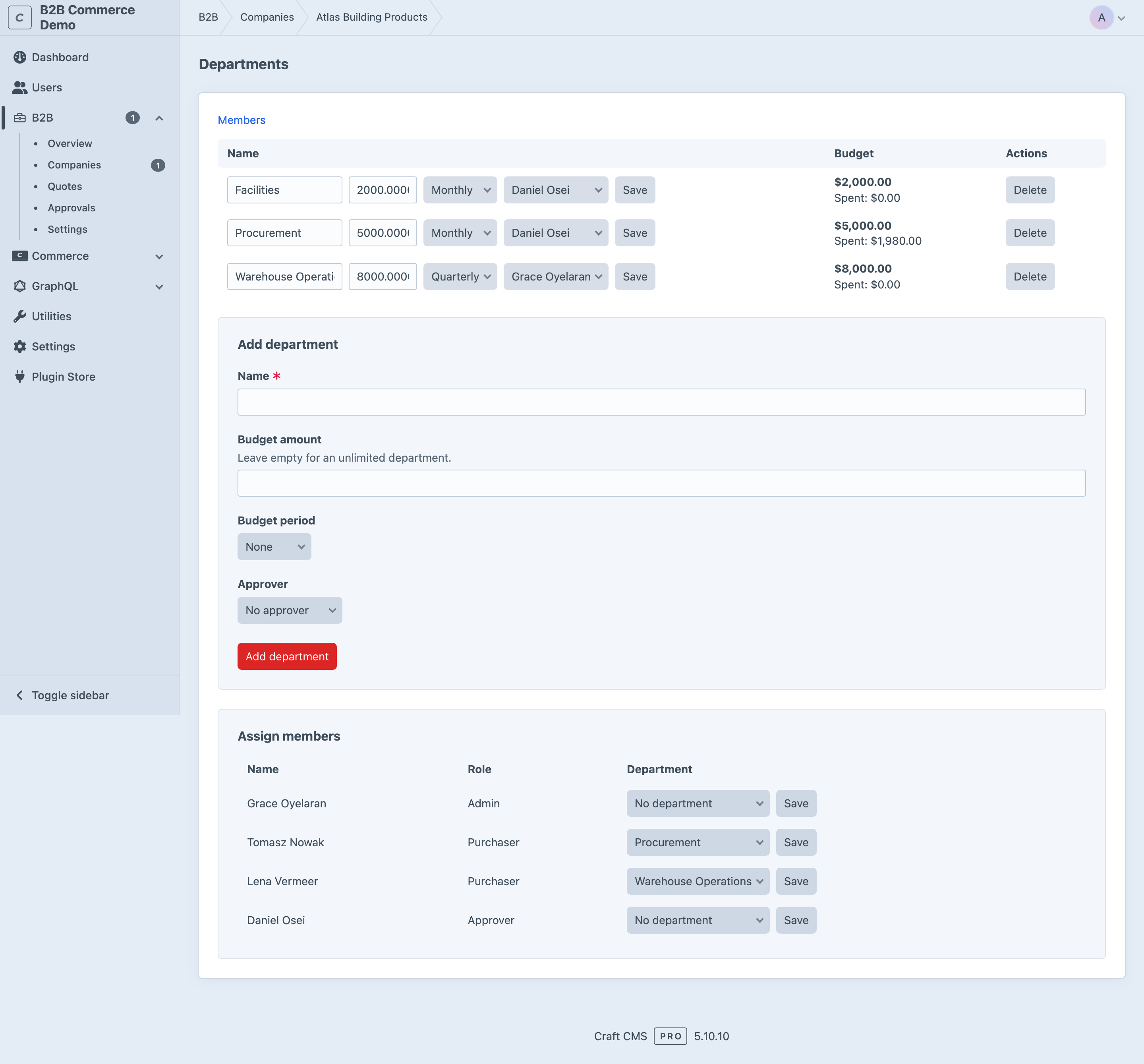 The Departments screen for a company: three departments with budgets and real spend, plus member department assignment.